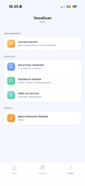 Mehr tab with Support section